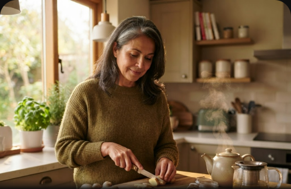 Mujer preparando hierbas naturales