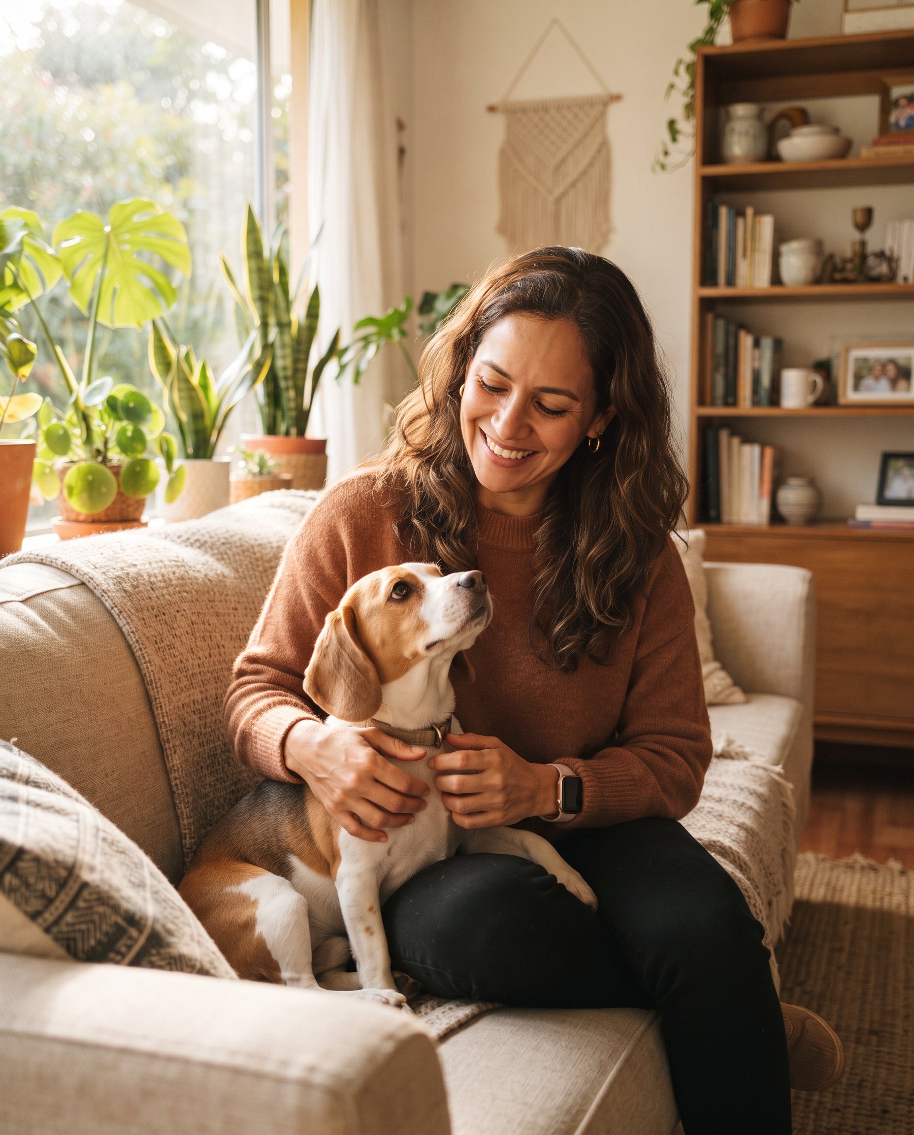 Dueña con su perro en el sofá